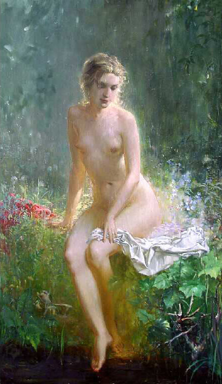 At water (Bather), Oleg Leonov- The painting, a nude woman, bathing, nude