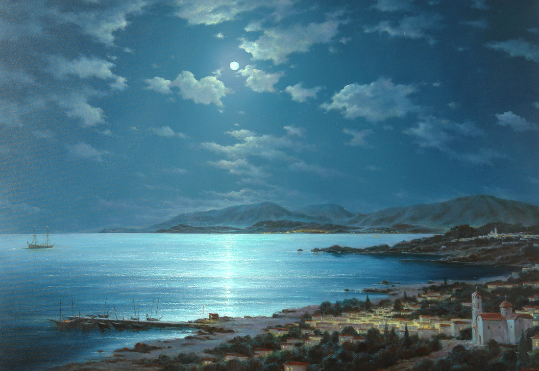 Moonlight over the island of Crete, George Dmitriev- painting, seascape, island, Greece, night, moonlit path