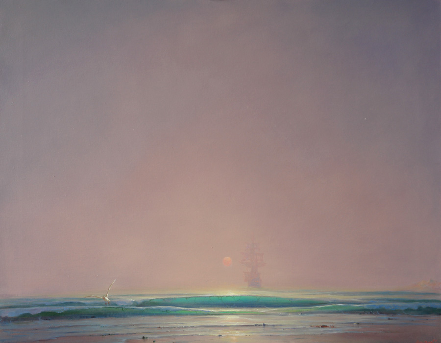 Silence, George Dmitriev- painting, seascape, misty morning, seagull, sailboat