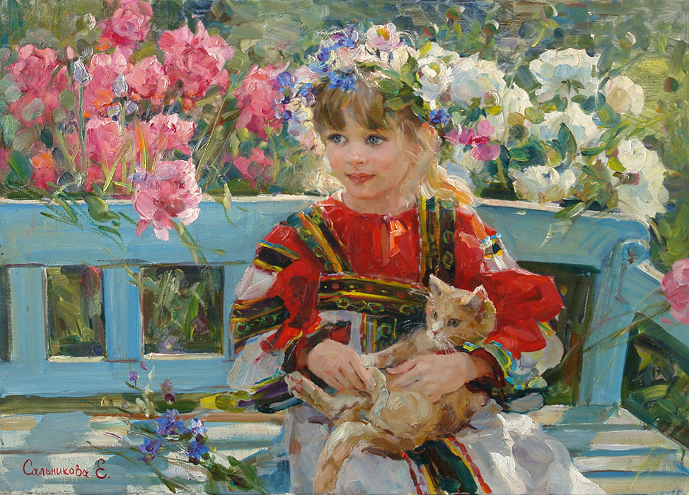 Warm day, Elena Salnikova- painting girl among flowers, impressionism, portrait with ca