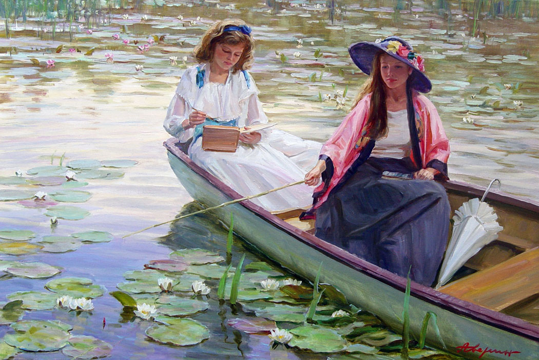 Rest (to order), Alexandr Averin- oil painting , Girl in boat, book a fishing rod , umbrella