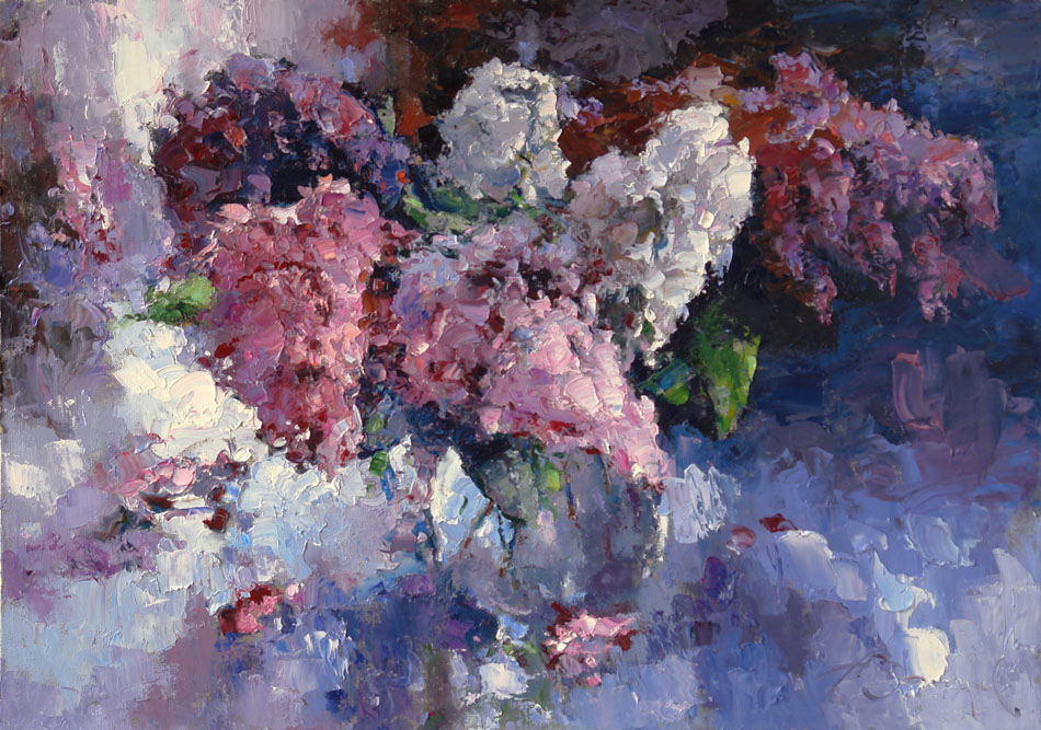 Lilac, Alexi Zaitsev- floral still life painting, white pink lilac