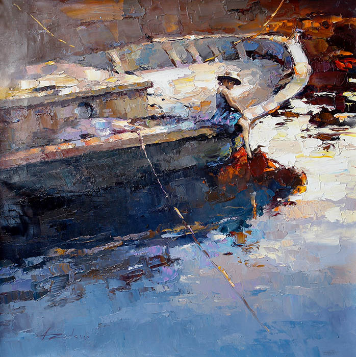 The day is over, Alexi Zaitsev- Girl on yacht, fishing, painting, impressionism