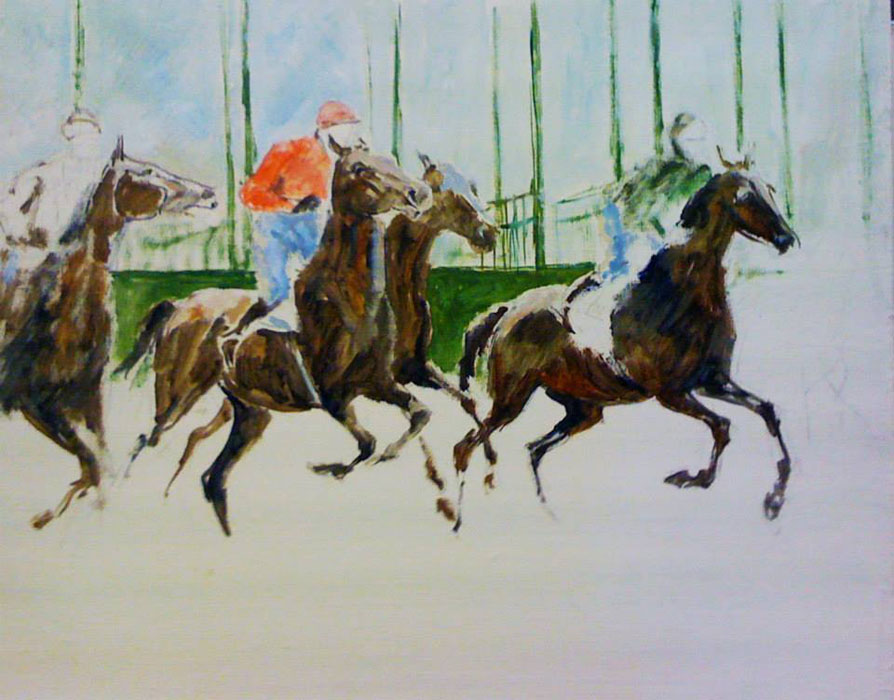 Start. Sketch, Sergey Postnikov- painting sketch, horse racing, race track