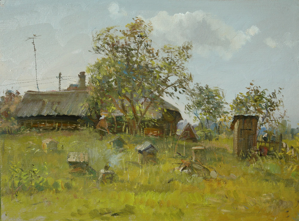 On the apiary, Oleg Leonov- painting, summer day, hives, bee, rural landscape