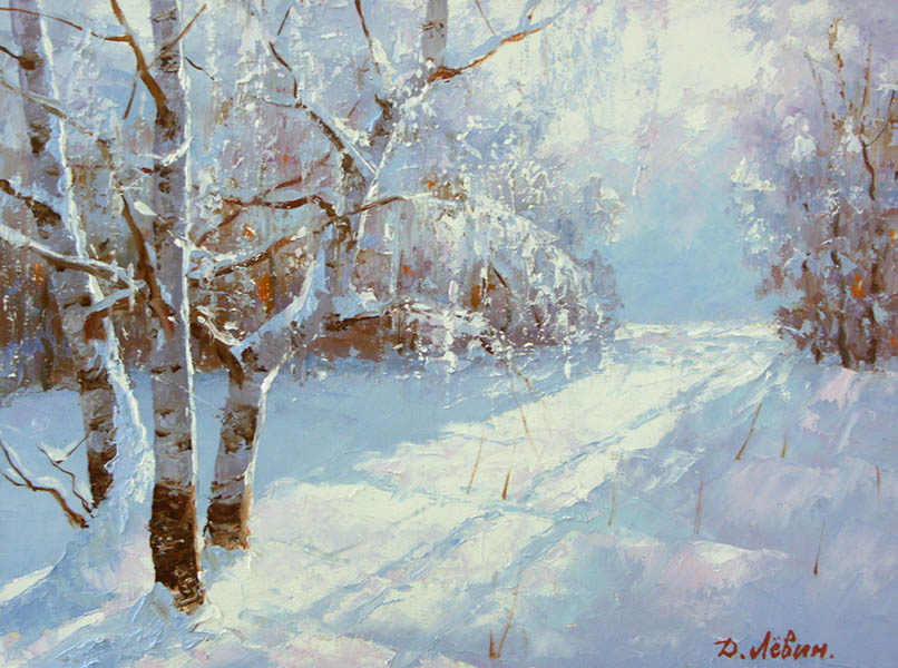 Зимняя сказка, Дмитрий Лёвин- русский зимний пейзаж, березы в снегу, солнце, картина зима