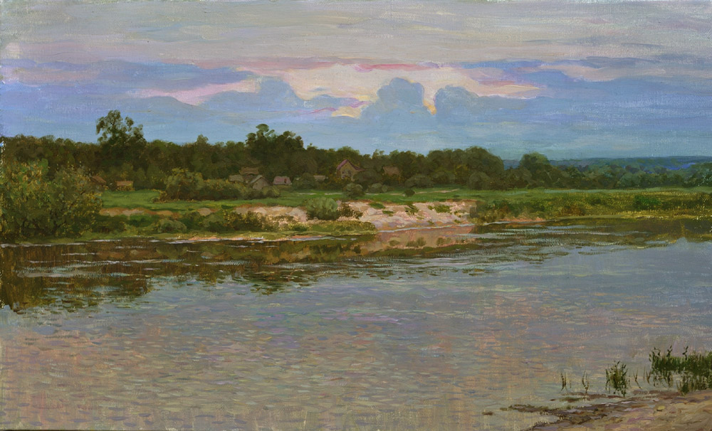 После дождя. Ока, Рем Сайфульмулюков- картина, лето, река, деревня, лес, пейзаж, реализм