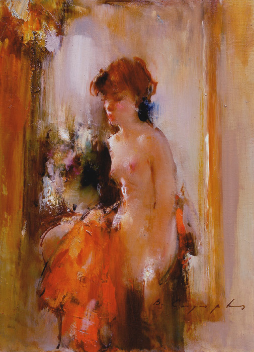 Nude #4, Vitold Smukrovich- картина, обнаженная модель у зеркала, букет цветов, ню