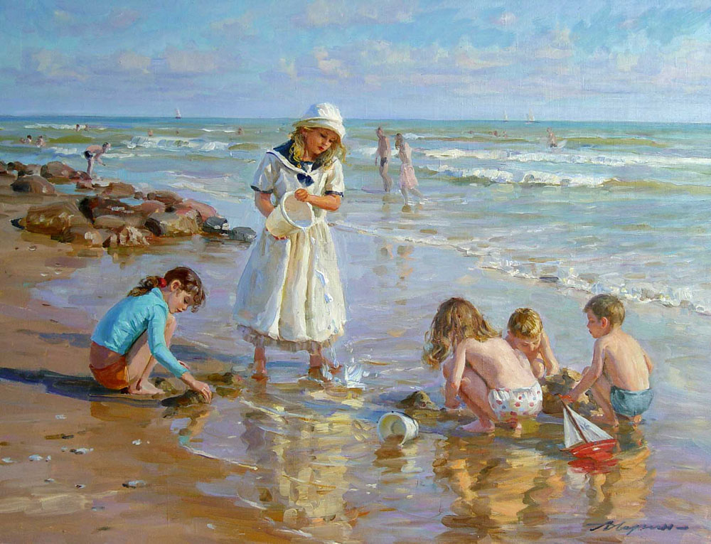 Строим песочную крепость, Александр Аверин- картина, дети, коллективный труд, морской берег