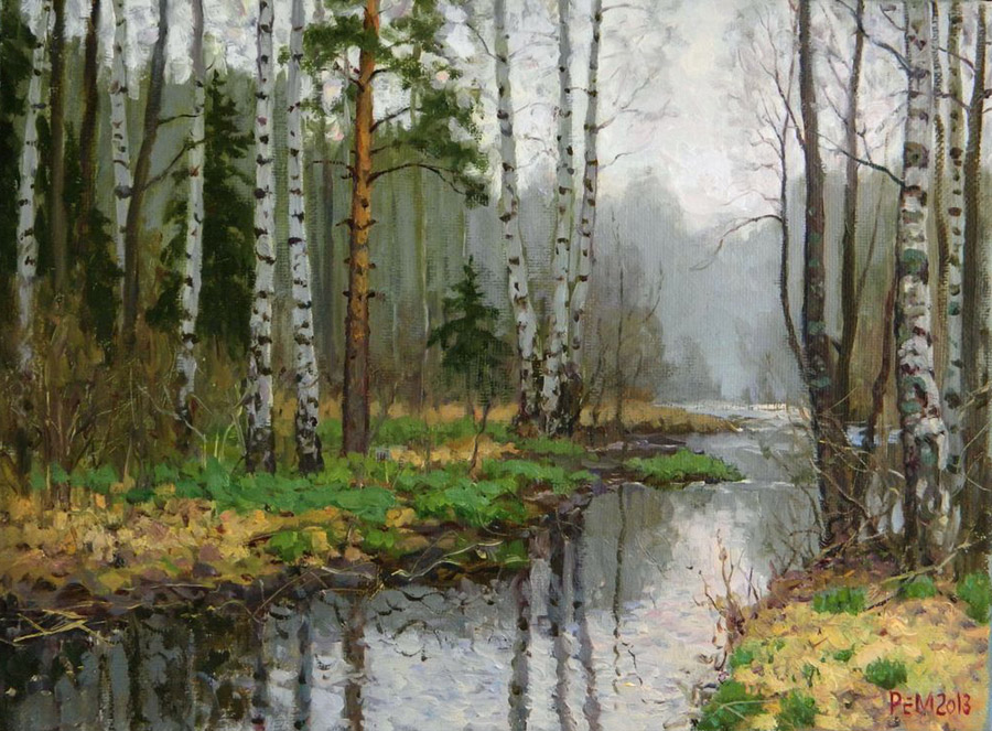Первая зелень #1, Рем Сайфульмулюков- картина, весна, лес, река, трава, березы, реализм, пейзаж