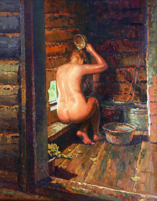 The Bathhouse, Evgeny Balakshin- nude painting in the Russian bath, nu, realism