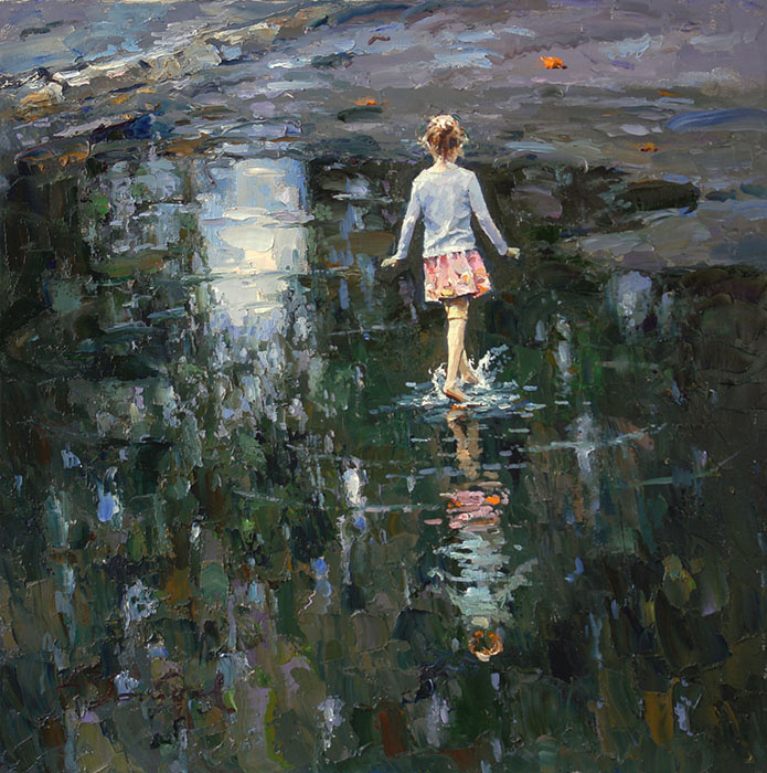 After a warm rain, Alexi Zaitsev- barefoot girl, large pool, genre painting Impressionism