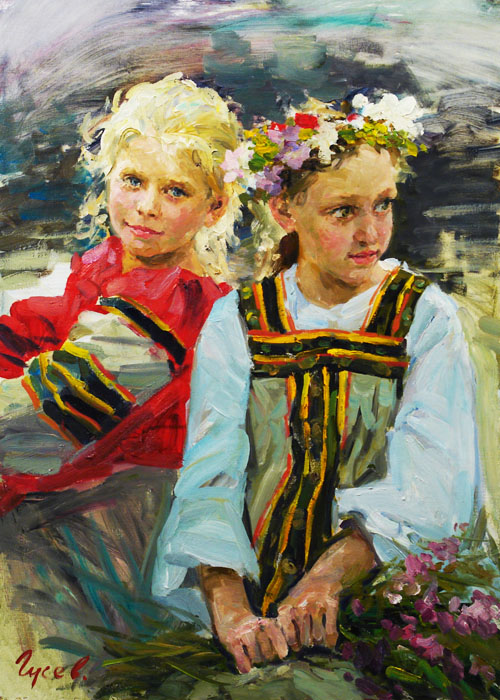 Girlfriends, Vladimir Gusev- painting, girl, flowers, impressionism