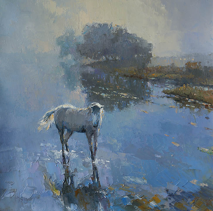 Morning, Alexi Zaitsev- morning landscape, white horse in the river, painting