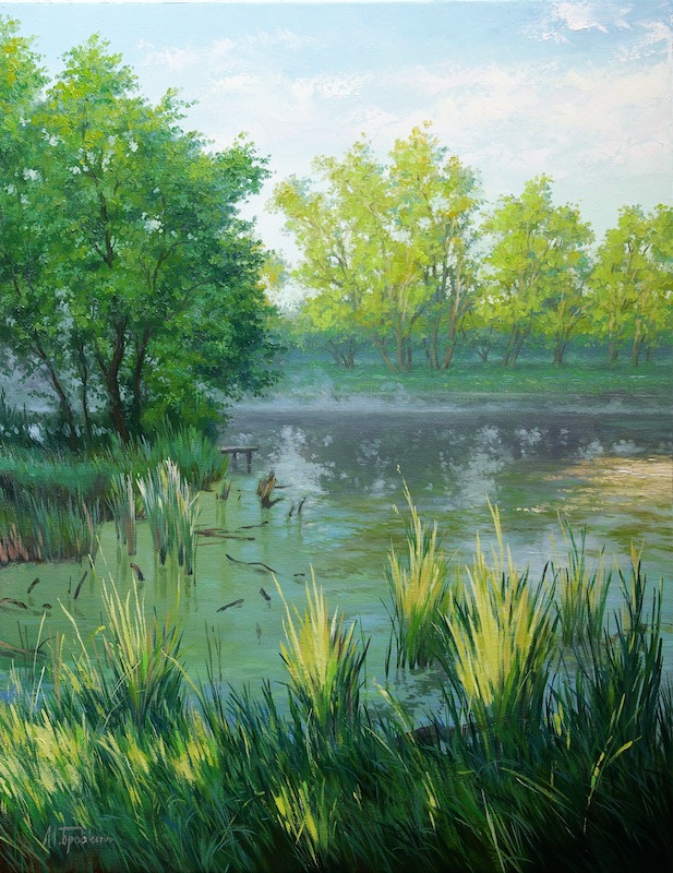 Мостик, Михаил Бровкин- картина, летний пейзаж, камыши на берегу реки, лес