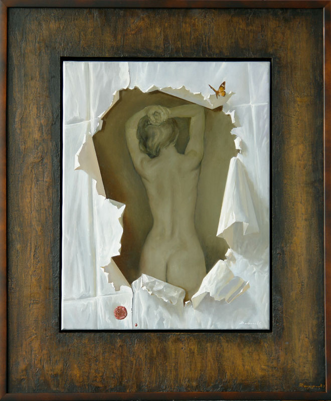 Бабочка, Георгий Дмитриев- картина, девушка,обнаженное тело, бумага, дерево, обманка