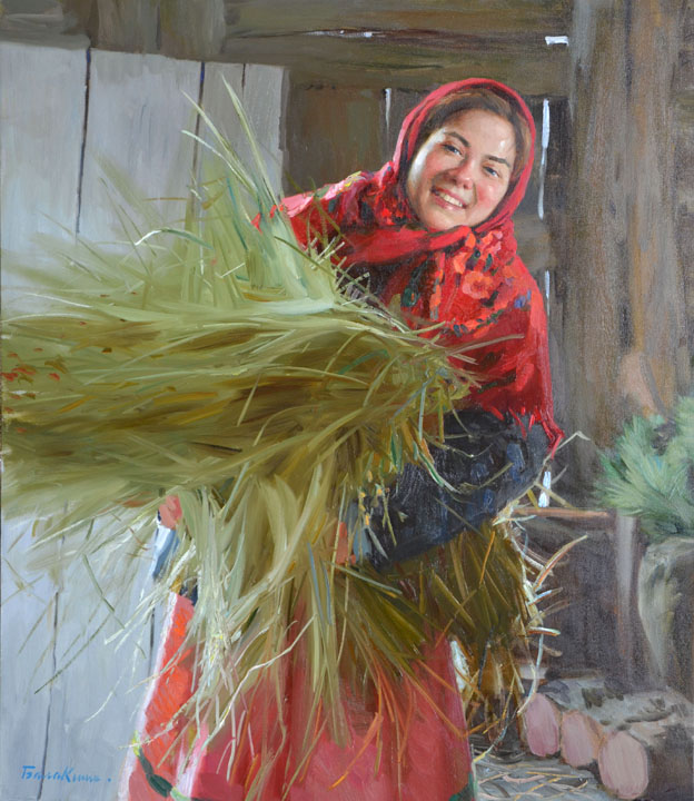 Armful of hay, Evgeny Balakshin- painting, Russian woman, Russian village, portrait, realism
