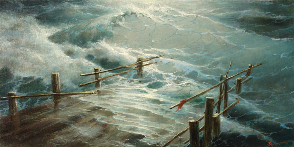 Storm, the old pier, George Dmitriev- painting, sea, storm, big waves, bridge, sea foam, realism