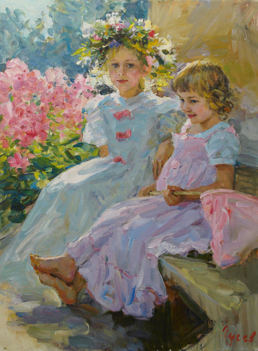 On the porch, Vladimir Gusev- rest in village, girl, flowers, painting, impressionism