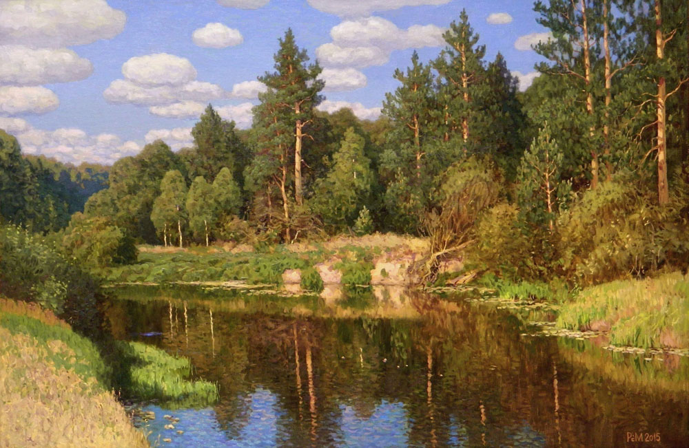 Речка Гусь, Рем Сайфульмулюков- картина, лето, солнце, лес, сосны, река, реализм, пейзаж