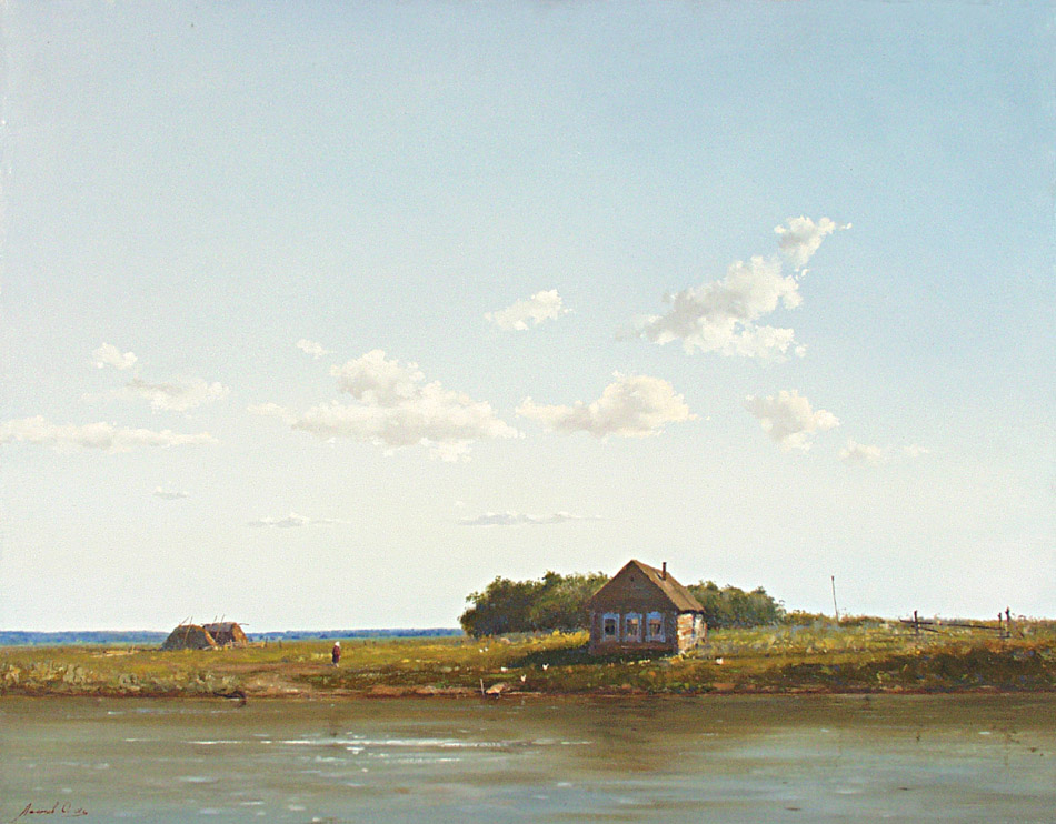 Деревня "Горка", Олег Леонов- картина, деревенский домик на берегу реки, Волга, лето