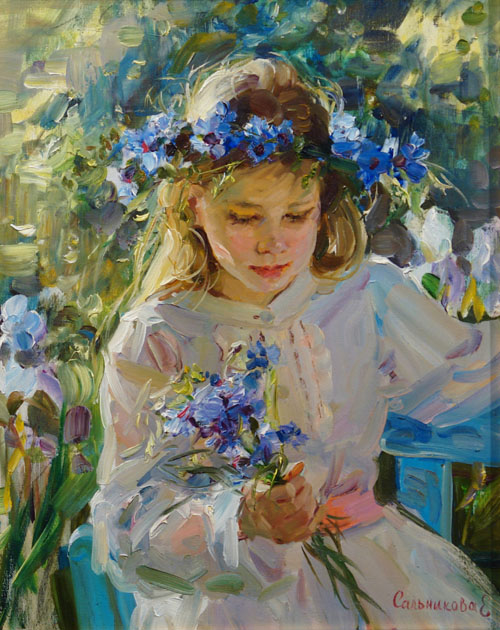 Cornflowers, Elena Salnikova- painting, summer day, a girl on a bench in the garden