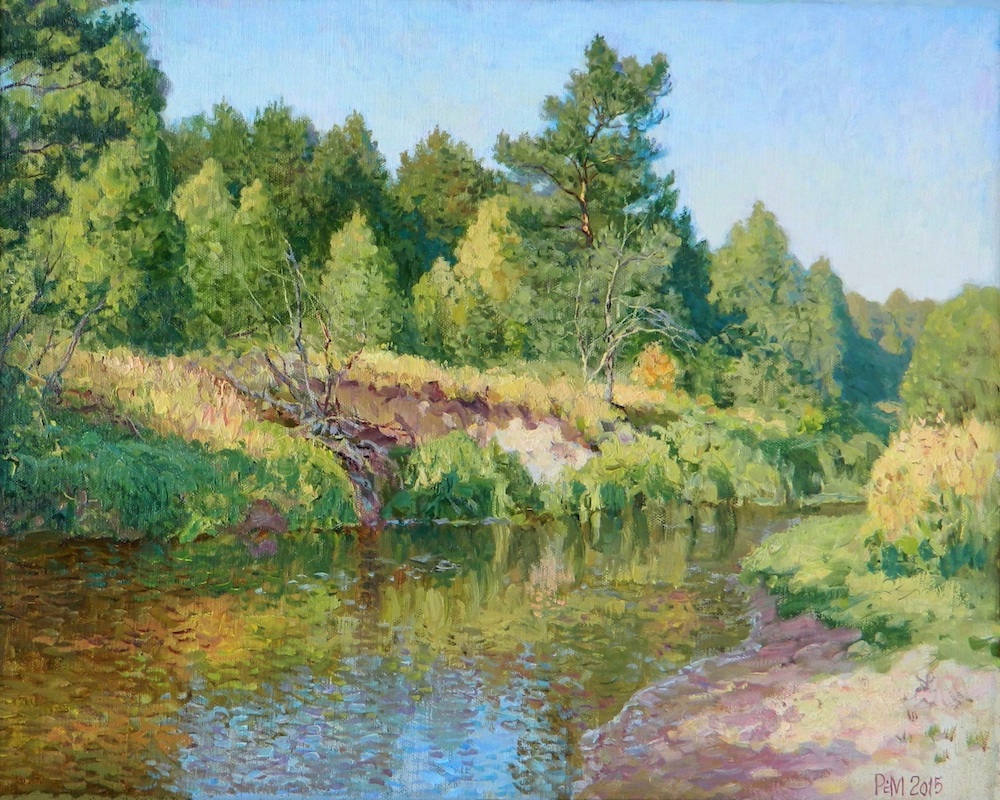Morning. River Goose, Rem Saifulmulukov- painting, summer, river, forest, blue skies, pine trees