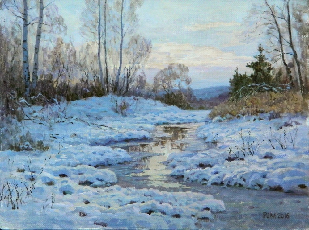 Approaching spring, Rem Saifulmulukov- painting, winter, snow, wood, stream, birches, landscape