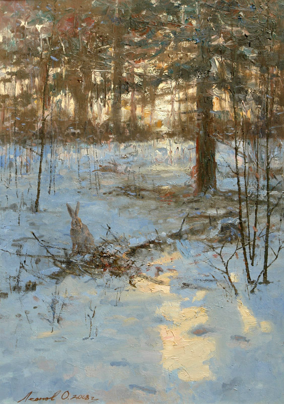 Winter. Grows dark, Oleg Leonov- painting, winter forest, night, snow, hare, landscape