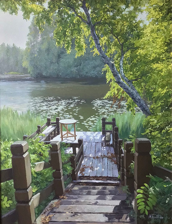 Ladder, Mikhail Brovkin- painting, lake, birch, summer warm day, landscape
