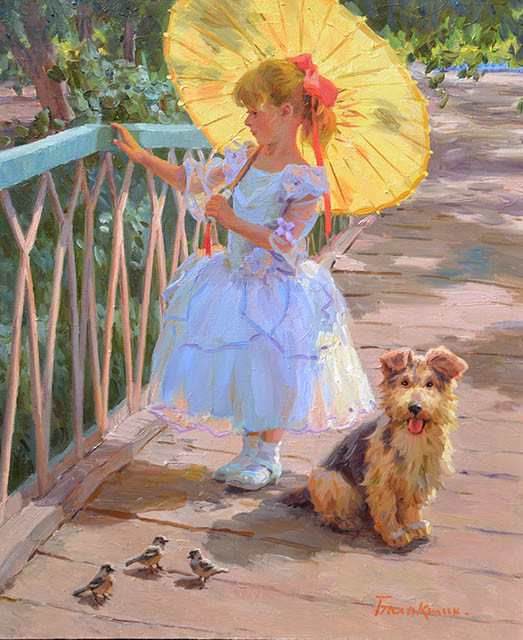 On small bridge, Evgeny Balakshin- painting, summer day, girl, beautiful dress, dog, umbrella
