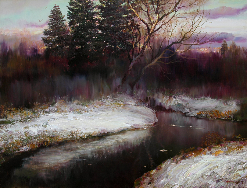 Весенний вечер, Константин Дружин- картина, весна, река в лесу, последний снег, вечер