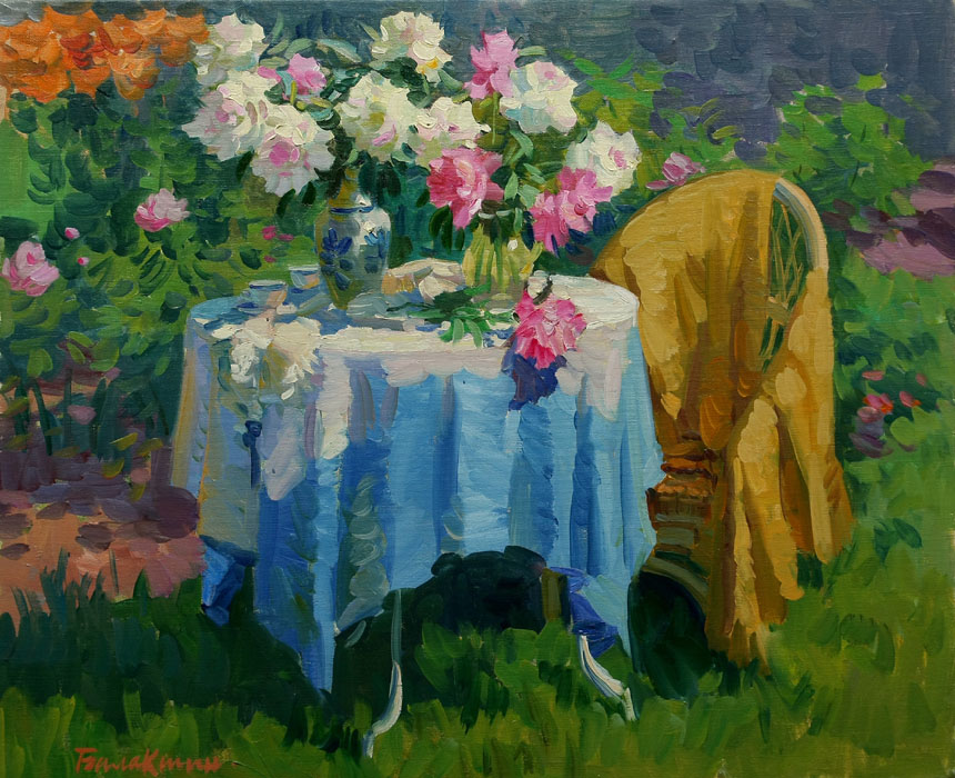Midday in the garden, Evgeny Balakshin- painting, spring, garden, bouquet of flowers, a table, a cup