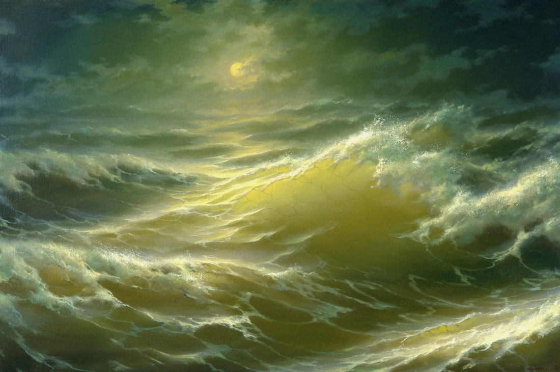 Moon and waves, George Dmitriev- painting, seascape, waves in the moonlight, night