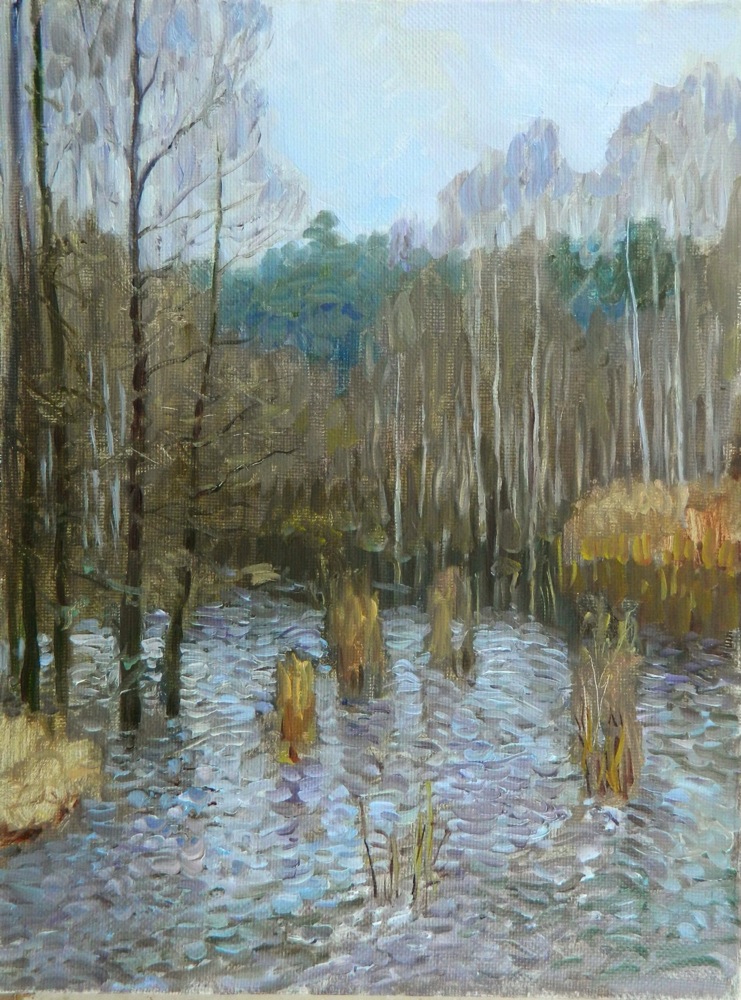 Spring flood, Rem Saifulmulukov- painting, spring, forest, river, realism, landscape