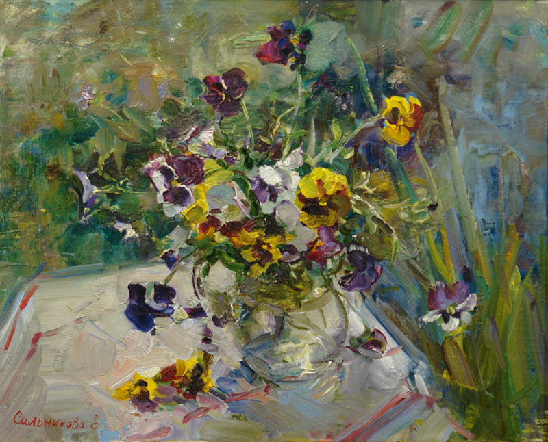Pansies, Elena Salnikova- painting, a bouquet of flowers on the table, still life