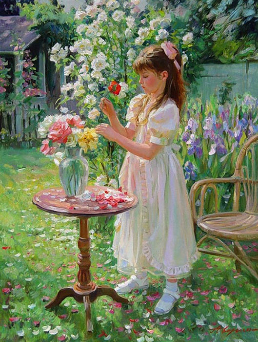 Bouquet for Mom (to order), Alexandr Averin- blooming garden, girl, flowers, vase, painting Impressionism