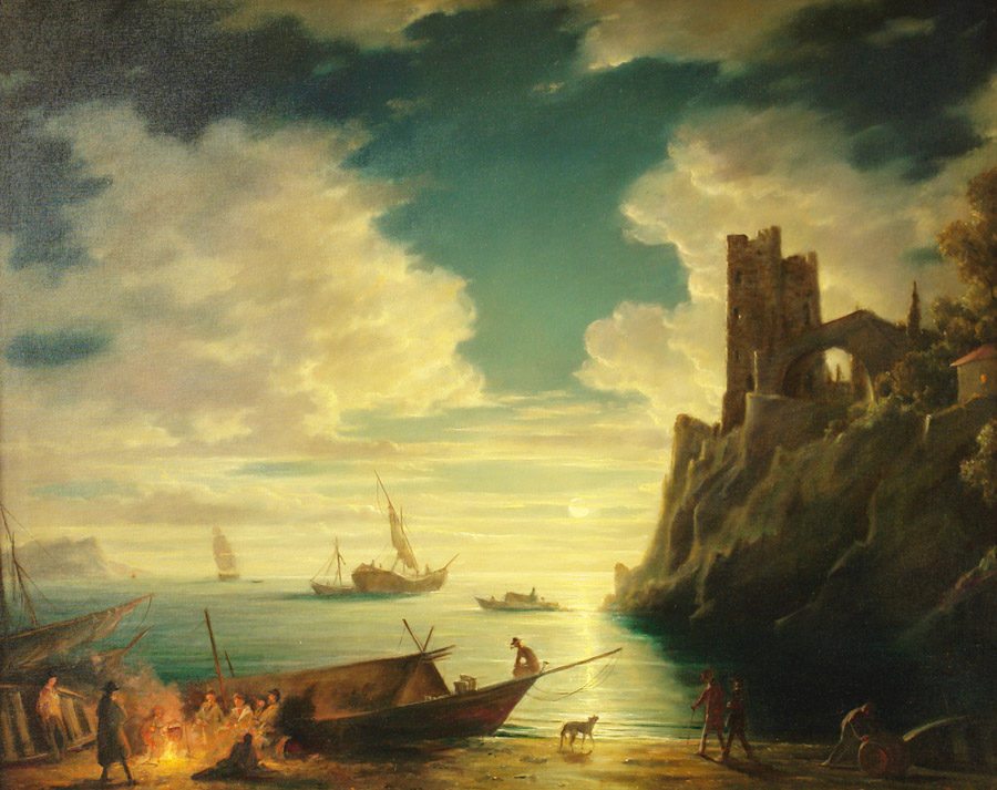 Лунная ночь на море (Римейк по картинам Клода Верне), Георгий Дмитриев- картина, морской пейзаж, луна над морем, лунная дорожка горы