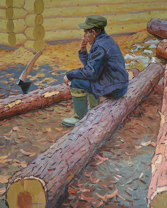 New blockhouse, Evgeny Balakshin- Wooden house of logs, man, ax, genre painting