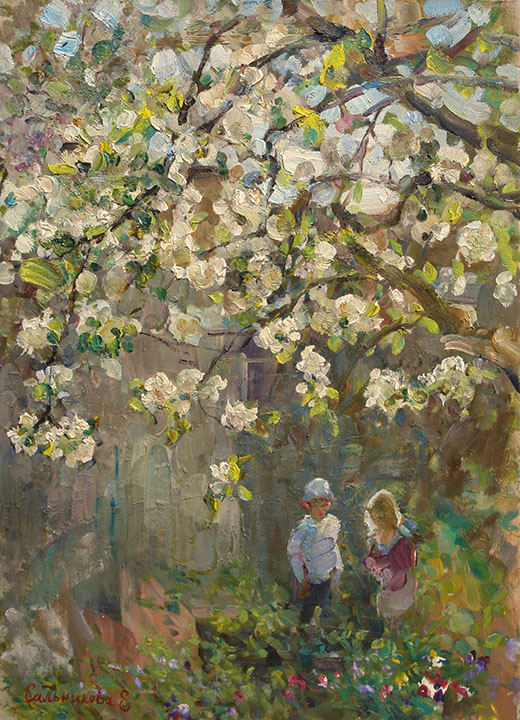 Spring in the garden, Elena Salnikova- картина с цветущей яблоней, импрессионизм, пейзаж с детьми