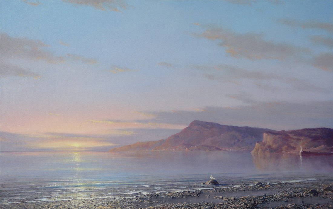 Чайка и солнце, Георгий Дмитриев- картина, рассвет на море, восход солнца, горы, штиль, тишина