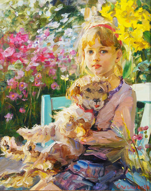 С собакой, Елена Сальникова- картина, девочка в саду на лавочке, верный друг, цветы