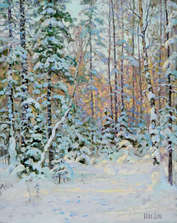 Зимой в лесу, Рем Сайфульмулюков- зимний лесной пейзаж, картина, реализм, елки в снегу