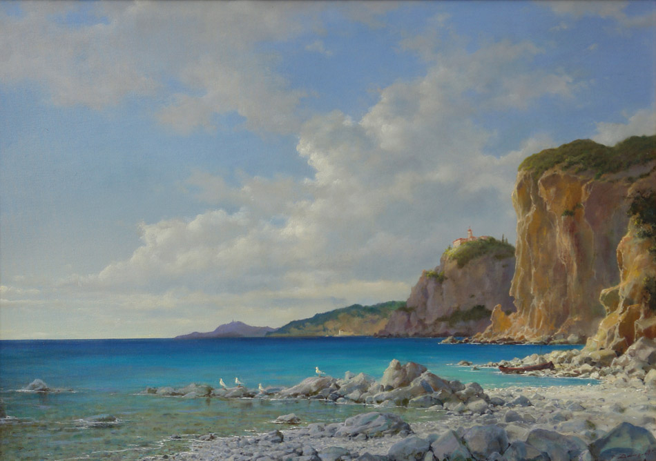 Mediterranean Motive. Corfu, George Dmitriev- painting, Greece, seascape, sea, mountains, calm, seagulls