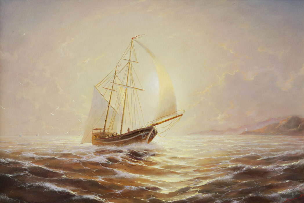 At sunrise, George Dmitriev- painting two-masted sailing ship, seascape, coast
