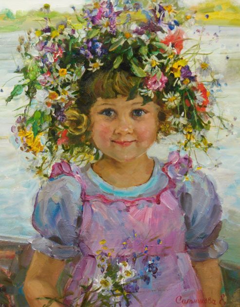 Portrait of the Girl, Elena Salnikova- painting,summer, wreath of wild flowers,a portrait of a girl