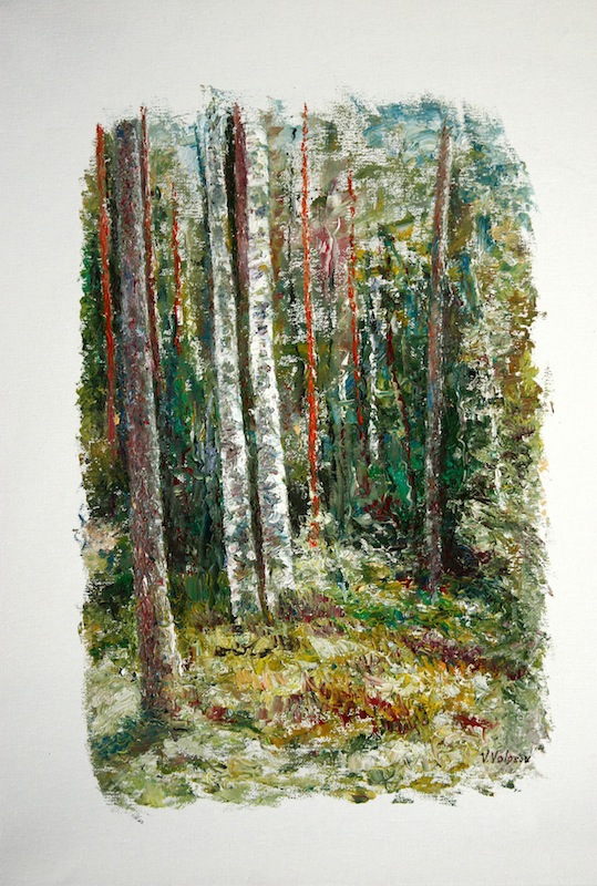 In Dark Blue Forest, Vladimir Volosov- painting, forest glade, white birch, summer day