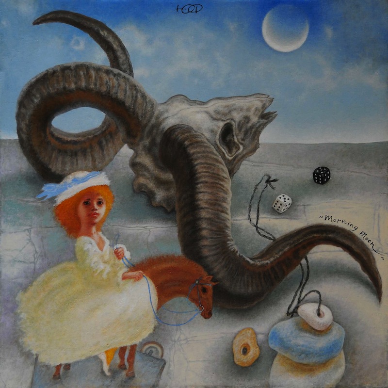 Morning Moon, Julia Fedorova- painting, still life with toys, morning sky, the moon