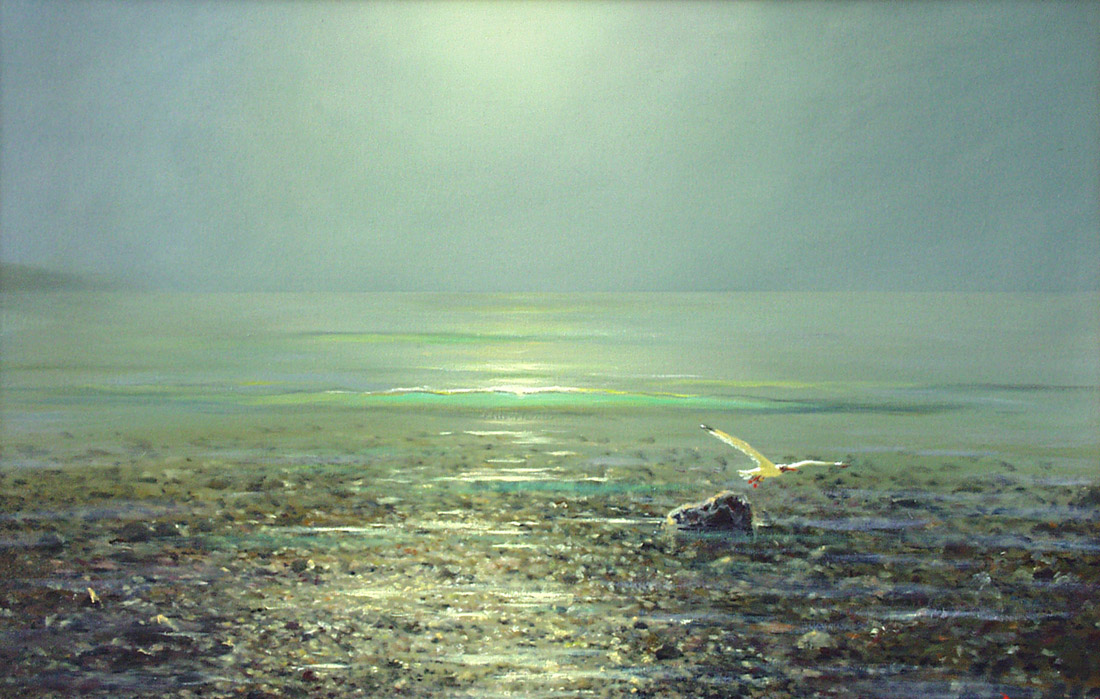 Seagull, George Dmitriev- painting, seascape, seagull over the sea, calm, pebbles