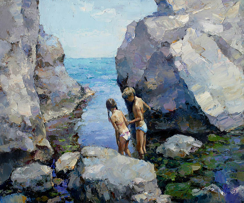 First feelings, Alexi Zaitsev- sea, rocks, boy and girl, first love, painting